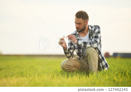 Agricultural worker. Handsome young man is on the field 127402245