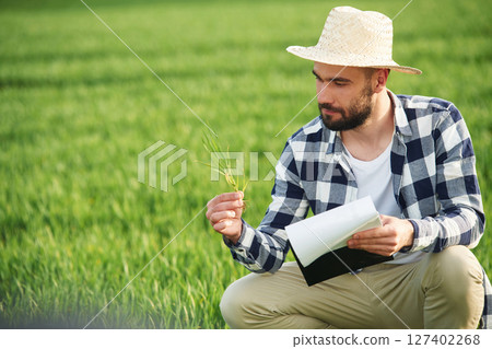 In straw hat. Holding wheat and notepad. Handsome young man is on agricultural field In straw hat. Holding wheat and notepad. Handsome young man is on agricultural field 127402268