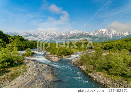 Fresh greenery shines in early summer in Hakuba Village, Nagano Prefecture 127402271