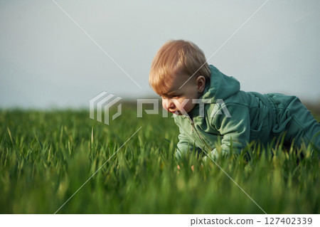 Above the grass. Cute little baby boy is in the agricultural field at daytime Above the grass. Cute little baby boy is in the agricultural field at daytime 127402339