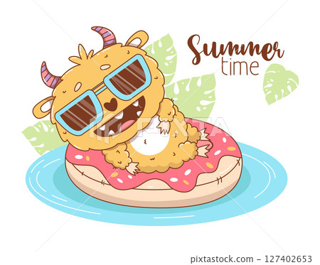 Cute Summer horned Monster with Sunglasses floats on Inflatable Donut. Beach Funny fluffy kawaii character vacation. Vector illustration. Kids collection 127402653