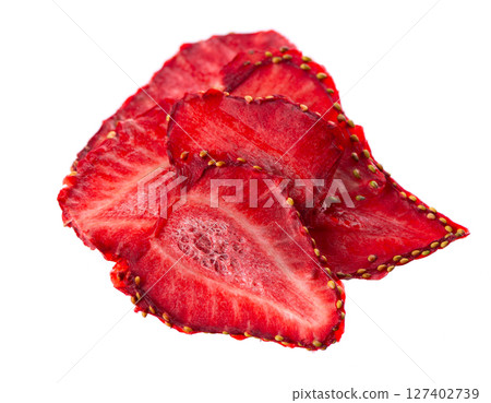 Dried strawberry slices isolated on white background. Dehydrated strawberries chips. Clipping path. 127402739