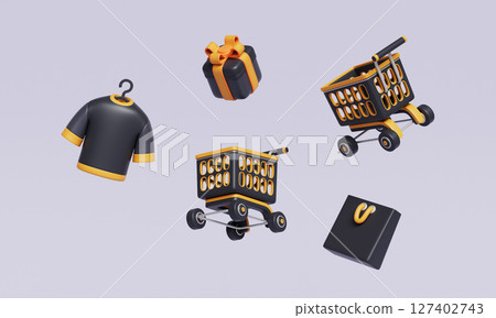 Shopping Cart with T-shirt, Gift Box and Shopping Bag. 3D Rendering. Shopping Cart with T-shirt, Gift Box and Shopping Bag. 3D Rendering. 127402743