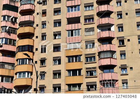Flat of blocks from Communist period, worn out concrete buildings in Eastern Europe 127403048