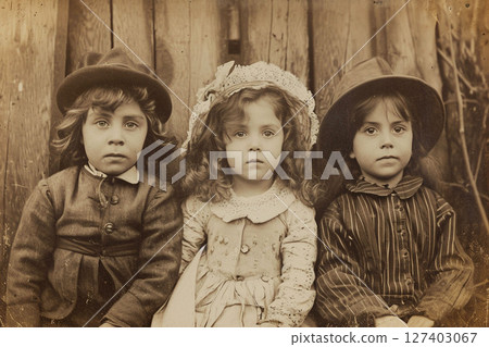 Vintage portrait of children, photo picture with original film grain 127403067