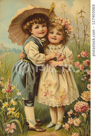Vintage postcard, Picture of boy and girl hugging in meadow. Retro 127403068