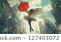 Art fantasy, young woman with wings, angel holding red umbrella over modern city 127403072