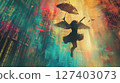 Angel with wings in the form of young woman flying with an umbrella among buildings of city, contemporary painting art 127403073