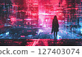 Lonely woman standing top of skyscraper, neon panorama, futuristic cityscape, digital data streams, cyberpunk, matrix 127403074