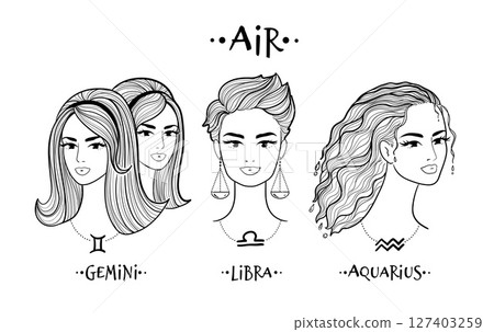Zodiac air-sign girls line art set Zodiac air-sign girls line art set 127403259
