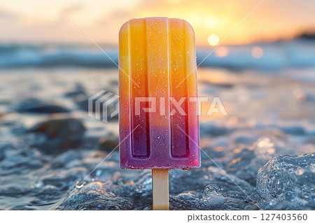 Popsicle with rainbow colors on a long stick on a summer background. Summer fun. Retro style. Popsicle with rainbow colors on a long stick on a summer background. Summer fun. Retro style. 127403560