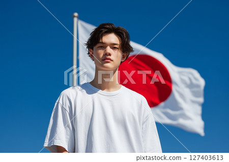 日本國旗和年輕人（人工智慧生成的圖像） 127403613