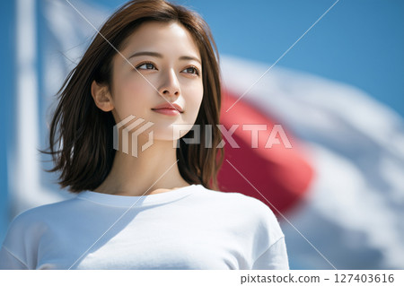日本國旗和年輕人（人工智慧生成的圖像） 127403616