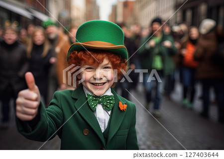 Young Irish boy with ginger hair celebrating Saint Patrick's Day in the crowded streets. Ai Generative 127403644
