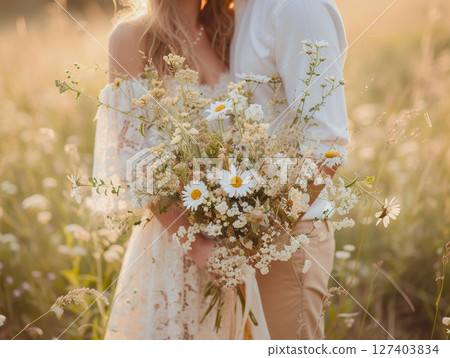 Abstract romantic couple embrace and kiss in meadow field, love concept 127403834