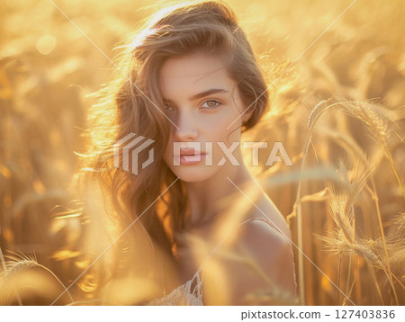 Portrait of young woman in sunset sun at ripe wheat field Portrait of young woman in sunset sun at ripe wheat field 127403836