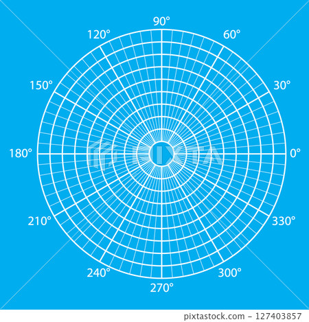 Blueprint polar coordinate grid divided into sectors of 5 and 30 degrees and several circles Blueprint polar coordinate grid divided into sectors of 5 and 30 degrees and several circles 127403857