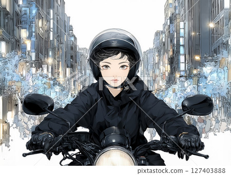 一位女騎士騎著大型摩托車在晚上遊覽城市的插畫素材 127403888