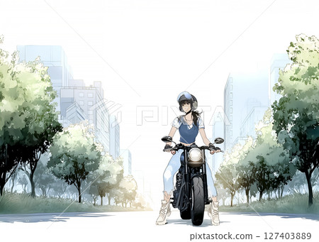 一位女騎士騎著大型摩托車在晚上遊覽城市的插畫素材 127403889
