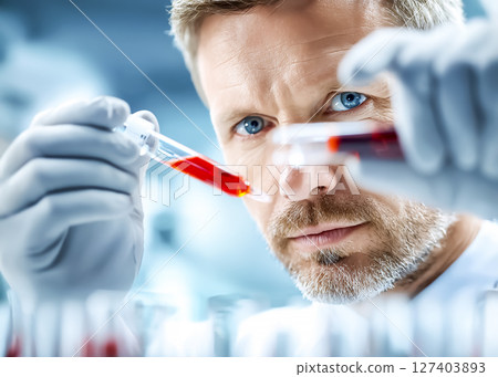 一位科學家手持裝有人造血液的試管的圖片 127403893