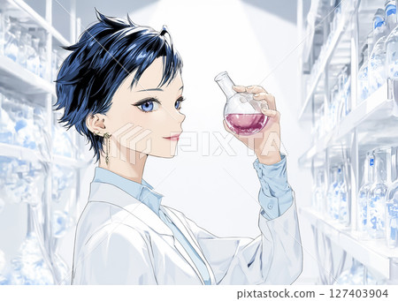 一位科學家手持裝有人造血液的試管的圖片 127403904