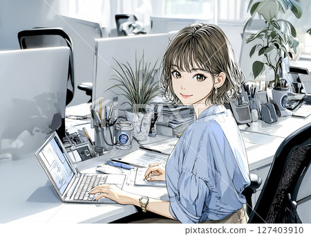 一位年輕女子在筆記型電腦上工作的插畫素材 127403910