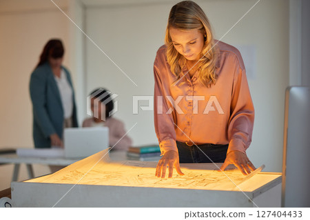 Architect, planning and woman with blueprint in office for design, idea and building project, goal and innovation. Construction, plan and engineer documents for project management, vision and sketch Architect, planning and woman with blueprint in office for design, idea and building project, goal and innovation. Construction, plan and engineer documents for project management, vision and sketch 127404433