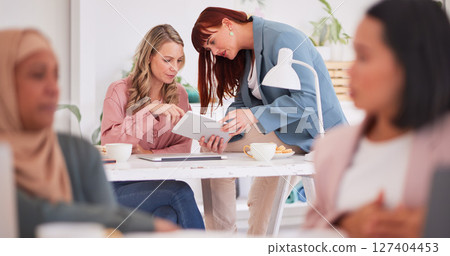 Review, tablet and collaboration with business women in meeting for idea, research and coaching. Digital, agenda and and management with employee for consulting, mentor and leadership planning Review, tablet and collaboration with business women in meeting for idea, research and coaching. Digital, agenda and and management with employee for consulting, mentor and leadership planning 127404453