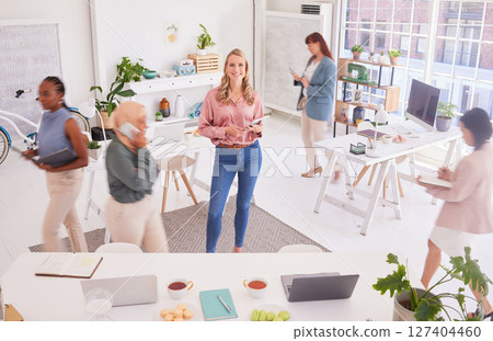 Office, Portrait and busy business woman in startup workspace for marketing agency planning. Creative, productivity and workflow of people manager happy with employee commitment, trust and hard work Office, Portrait and busy business woman in startup workspace for marketing agency planning. Creative, productivity and workflow of people manager happy with employee commitment, trust and hard work 127404460