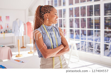 Black woman in retail, workspace of fashion designer and success in creative industry. Vision for boutique clothing business, happy small business entrepreneur in Africa or luxury clothes tailor Black woman in retail, workspace of fashion designer and success in creative industry. Vision for boutique clothing business, happy small business entrepreneur in Africa or luxury clothes tailor 127404557