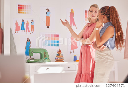 Designer team, women and clothing production planning of creative studio team with strategy talk. Fashion innovation, style communication and clothes design discussion of workers with diversity 127404571