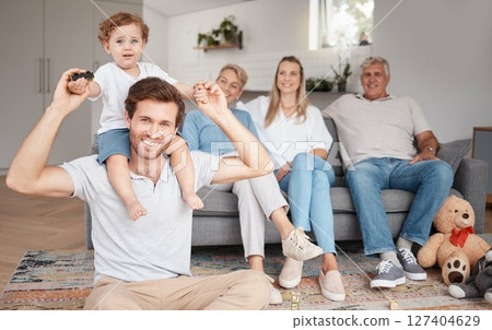 Baby, love and family portrait, playing and having fun together with happiness. Happy, smile and care of father carrying boy, child or kid with mother bond, grandparents enjoying and smiling in house 127404629