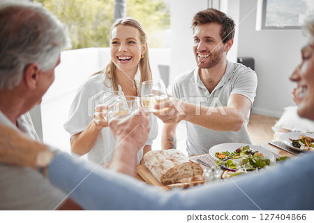 Family toast, drink celebration or birthday lunch with smile, happy or love for birthday, achievement or success in home. Toast, alcohol and champagne in family home with man, woman or senior parents 127404866