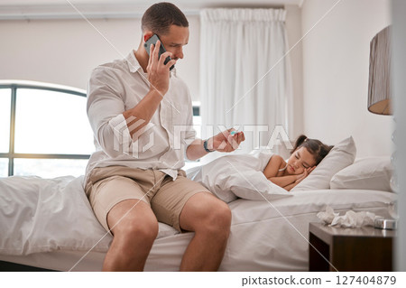 Father, phone call and sick child, thermometer for virus and fever in brazil house or bedroom. Worried man parent consulting kids healthcare advice, fever or medical help for covid risk on smartphone 127404879