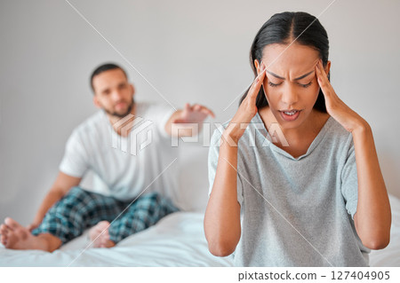 Couple, fight and stress in bedroom with man and woman arguing about cheating affair. Argument, conflict and divorce with a husband and wife frustrated with relationship problem in the bedroom 127404905