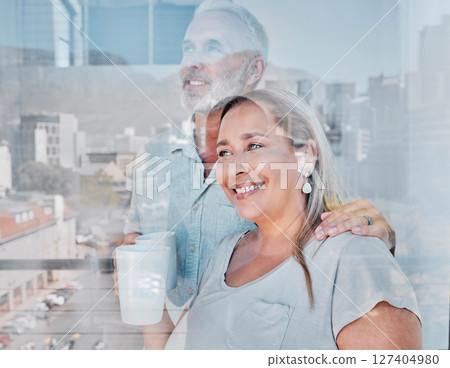 Couple, coffee and thinking at window about retirement future in morning together at home. Happy elderly woman, loving senior man and motivation support, vision and love or relax wellness with drink Couple, coffee and thinking at window about retirement future in morning together at home. Happy elderly woman, loving senior man and motivation support, vision and love or relax wellness with drink 127404980