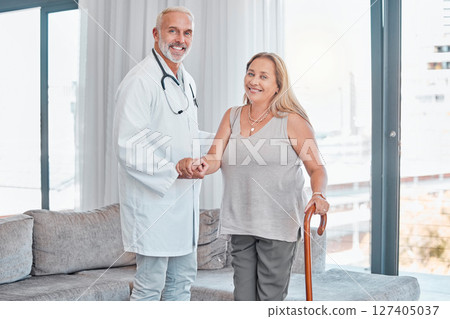 Doctor, woman and walking stick in portrait for rehabilitation, healthcare or wellness in consultation room. Medic, physiotherapist and happy patient in hospital for help, physical therapy or support Doctor, woman and walking stick in portrait for rehabilitation, healthcare or wellness in consultation room. Medic, physiotherapist and happy patient in hospital for help, physical therapy or support 127405037