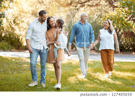 Big Family, girl and walking in nature park for bonding, fun and care in summer outdoor. Mother, father and grandparents walk with child, happy and smile in a garden or forest with love and happiness Big Family, girl and walking in nature park for bonding, fun and care in summer outdoor. Mother, father and grandparents walk with child, happy and smile in a garden or forest with love and happiness 127405039