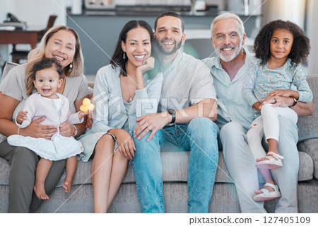 Big family portrait, love and living room in family home, house and sofa lounge, relax and bonding together. Grandparents, parents and smile kids of happy family, diversity and quality time on couch Big family portrait, love and living room in family home, house and sofa lounge, relax and bonding together. Grandparents, parents and smile kids of happy family, diversity and quality time on couch 127405109