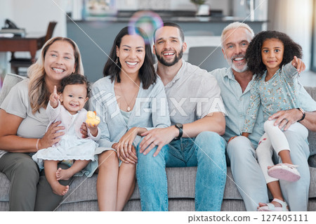 Big family, happy and relax portrait and happy smile, sitting on couch in home with love, care and support in lounge. Mother, father and grandparents with girl kids bonding, happiness and together Big family, happy and relax portrait and happy smile, sitting on couch in home with love, care and support in lounge. Mother, father and grandparents with girl kids bonding, happiness and together 127405111