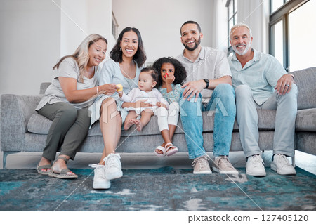 Big family, happiness and portrait of love, support and care of grandparents, parents and children together on living room couch. Smile of men, women and kids in brazil house for bonding and relax Big family, happiness and portrait of love, support and care of grandparents, parents and children together on living room couch. Smile of men, women and kids in brazil house for bonding and relax 127405120