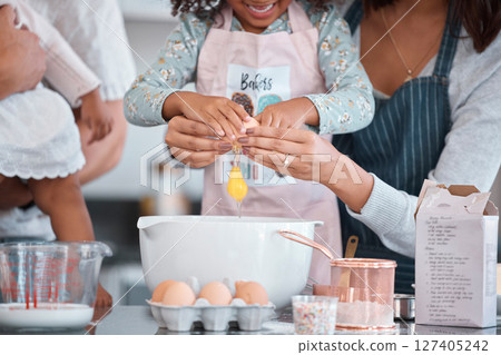 Baking, egg and mother helping her child in the kitchen to bake a cake, cookies or pie together. Ingredients, bonding and woman cooking a lunch meal with her daughter for event or party at their home Baking, egg and mother helping her child in the kitchen to bake a cake, cookies or pie together. Ingredients, bonding and woman cooking a lunch meal with her daughter for event or party at their home 127405242