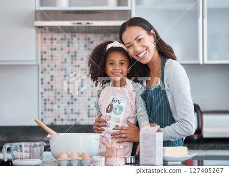 Cooking, portrait and mother teaching child in kitchen with butter, eggs and food for breakfast, dessert or cake home education. Black family mom and kid learning, support and help baking together 127405267