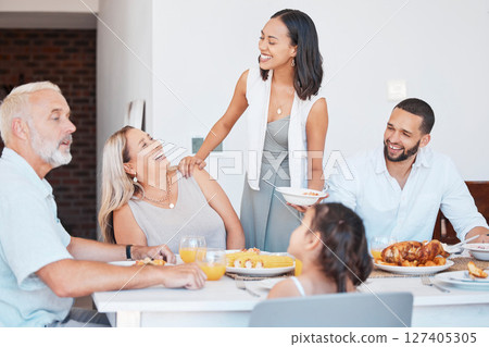 Happy family, eating lunch food and dinner table meal, social gathering or family lunch in dining room together. Smile, happiness and meal celebration, brunch and quality time to enjoy in family home Happy family, eating lunch food and dinner table meal, social gathering or family lunch in dining room together. Smile, happiness and meal celebration, brunch and quality time to enjoy in family home 127405305