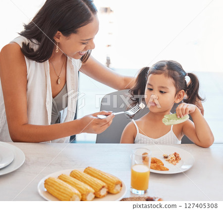 Mother, food and eating with child while feeding healthy diet or nutrition in the family home kitchen. Woman, child and hungry little girl and female eat lunch or meal for health and wellness Mother, food and eating with child while feeding healthy diet or nutrition in the family home kitchen. Woman, child and hungry little girl and female eat lunch or meal for health and wellness 127405308