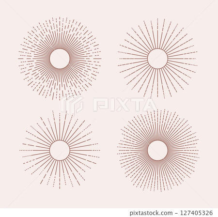 Line sunburst, sunshine, explosion set. Vintage bohemian sunburst, starburst collection. Minimalist sun beam, rays icons. 127405326