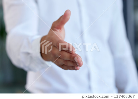 Hand, handshake and contract with employee ready for agreement, hiring interview and meeting. Businessperson, deal and hand shake gesture for agree and thank you for business success and vision 127405367