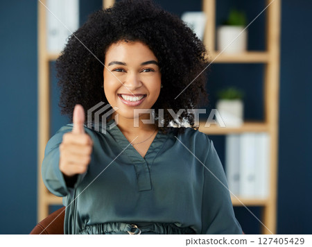 Success, thumbs up and portrait of black woman in office with smile on face, happiness and hand sign. Leadership, good news and happy female worker excited for startup, small business and working 127405429