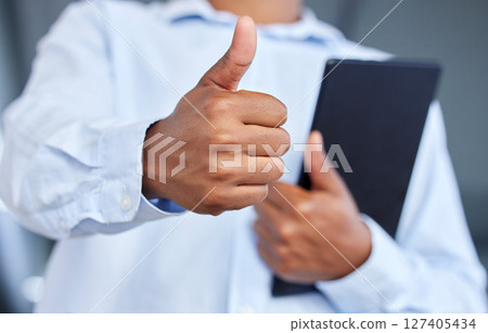 Business, technology and hand with tablet and thumbs up for success, thank you and working online. Corporate, agreement and businessman with digital notebook for using internet, ecommerce and website Business, technology and hand with tablet and thumbs up for success, thank you and working online. Corporate, agreement and businessman with digital notebook for using internet, ecommerce and website 127405434