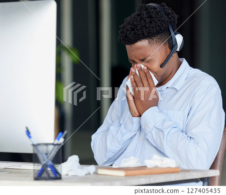 Computer, call center or sick businessman blowing nose with tissues in contact us, telemarketing or b2b sales company. Stress flu, covid or cold virus for customer support receptionist and technology Computer, call center or sick businessman blowing nose with tissues in contact us, telemarketing or b2b sales company. Stress flu, covid or cold virus for customer support receptionist and technology 127405435